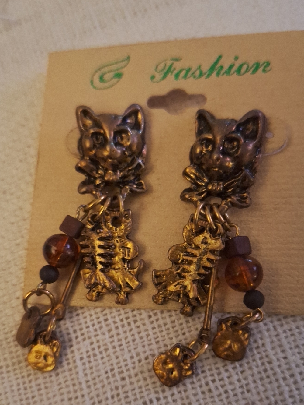 Fashion -Bronze Cat Drop Earrings with Bead & Fish Bone Charms